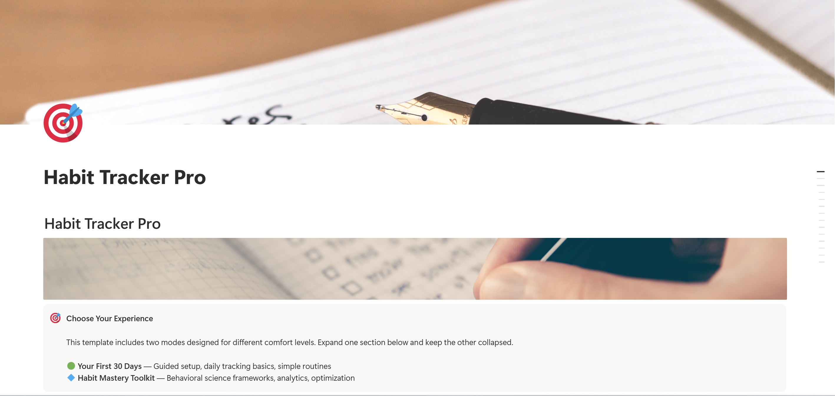 Habit Tracker Pro Notion template overview showing cover image and Beginner/Advanced mode selector